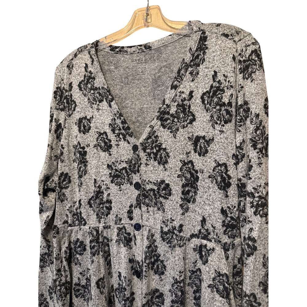 Torrid Super Soft Plush Gray Floral Button Front Babydoll Dress Plus Size 0 L XL